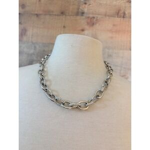 Silver Tone Chunky Oval Link Chain Necklace Crystal Pavé Twisted Rope